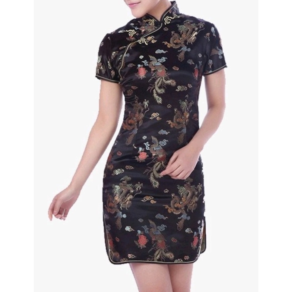 YICHUN Women's Qipao Cheongsam Dress Large Black Dragon Phoenix Brocade NWT